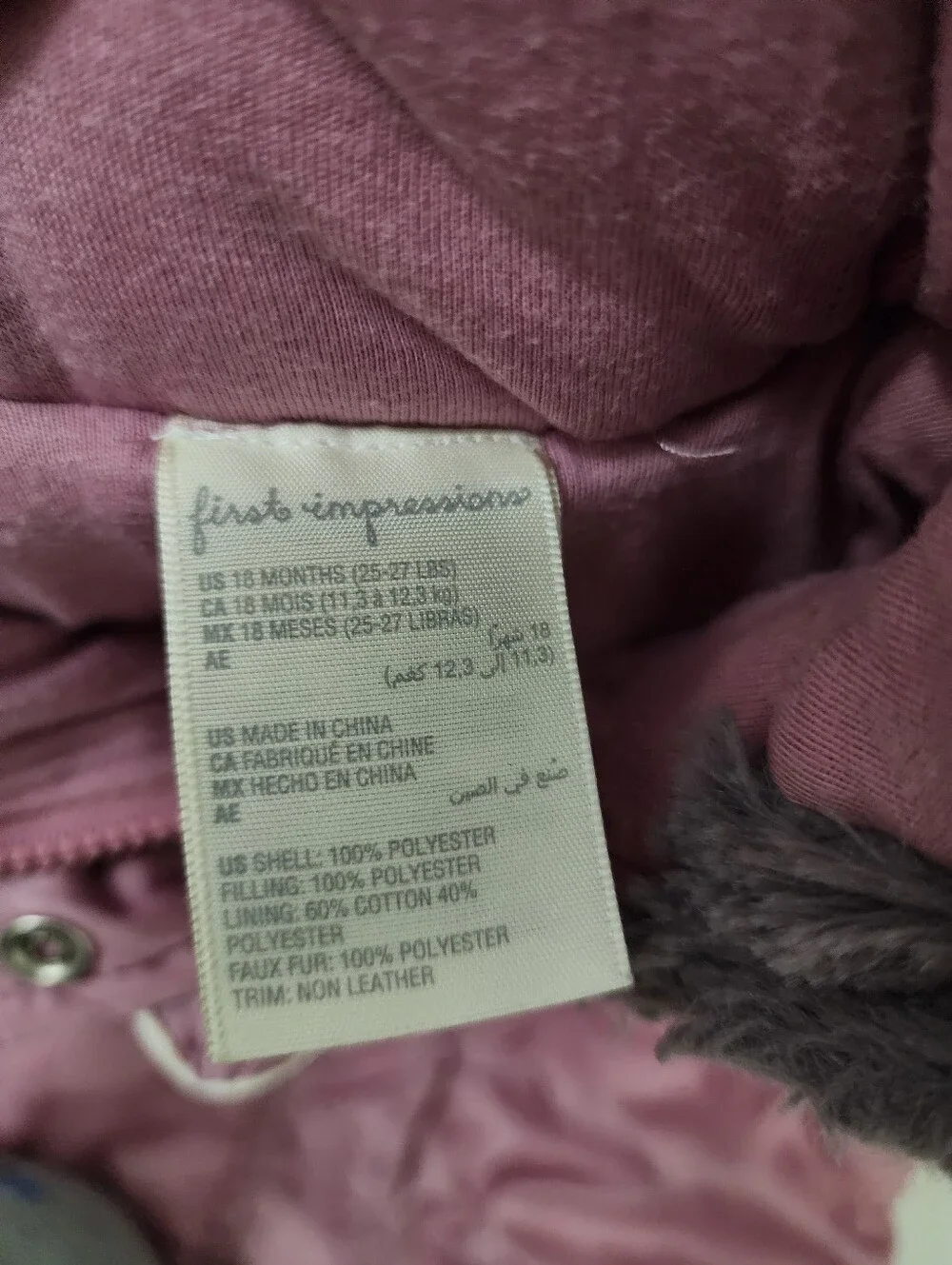 First Impressions Pink Puffer Hooded Baby One-Piece